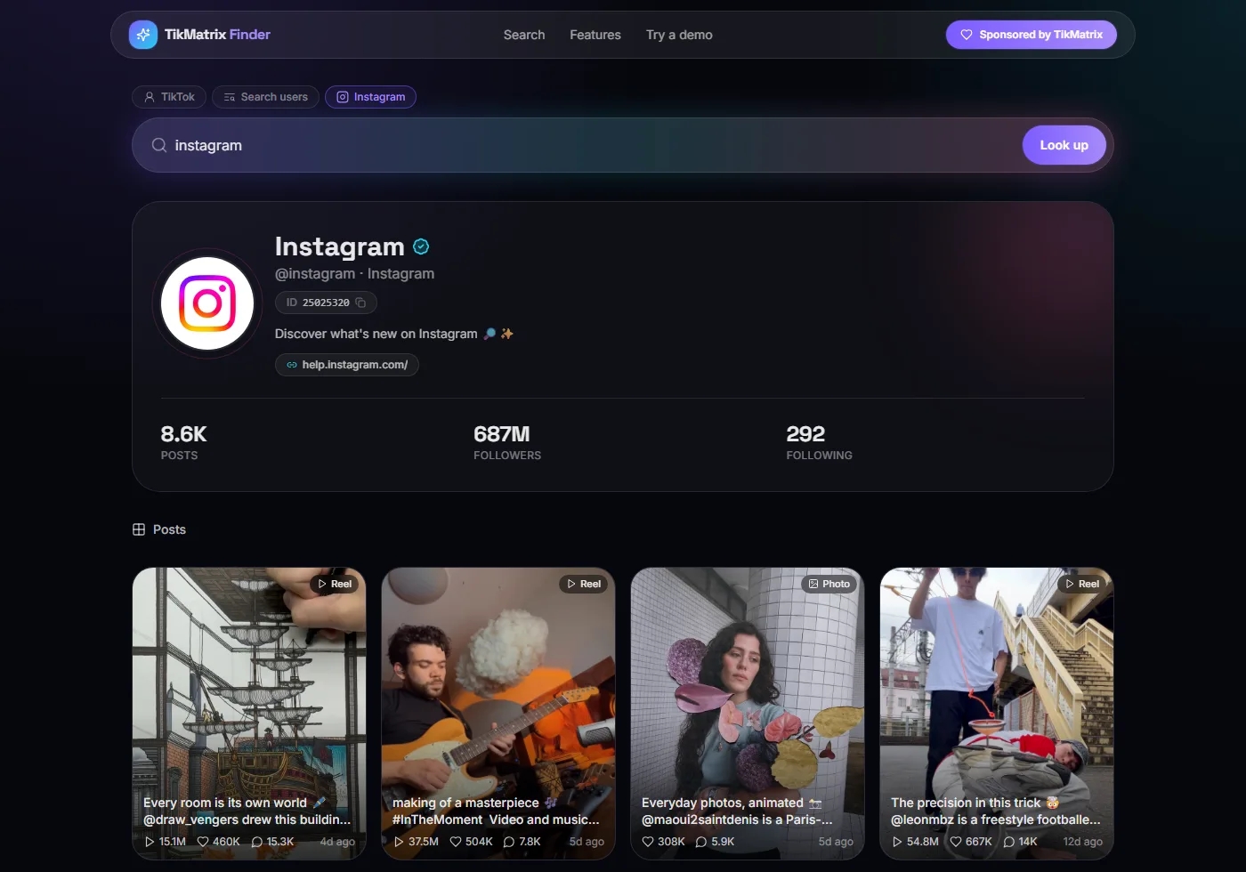 TikMatrix Finder Instagram profile lookup