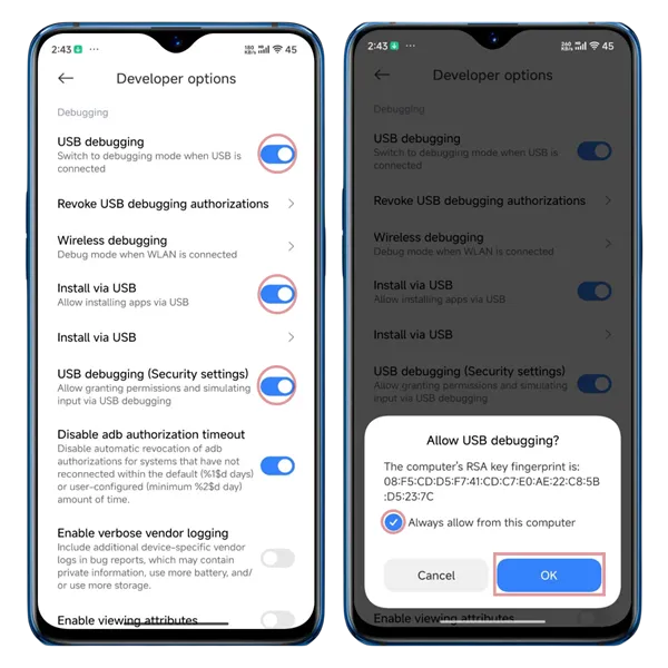 הפעלת ניפוי באגים USB שלבים 5-6
