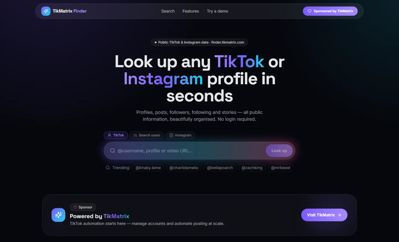 TikMatrix Finder — あらゆる TikTok・Instagram プロフィールを検索