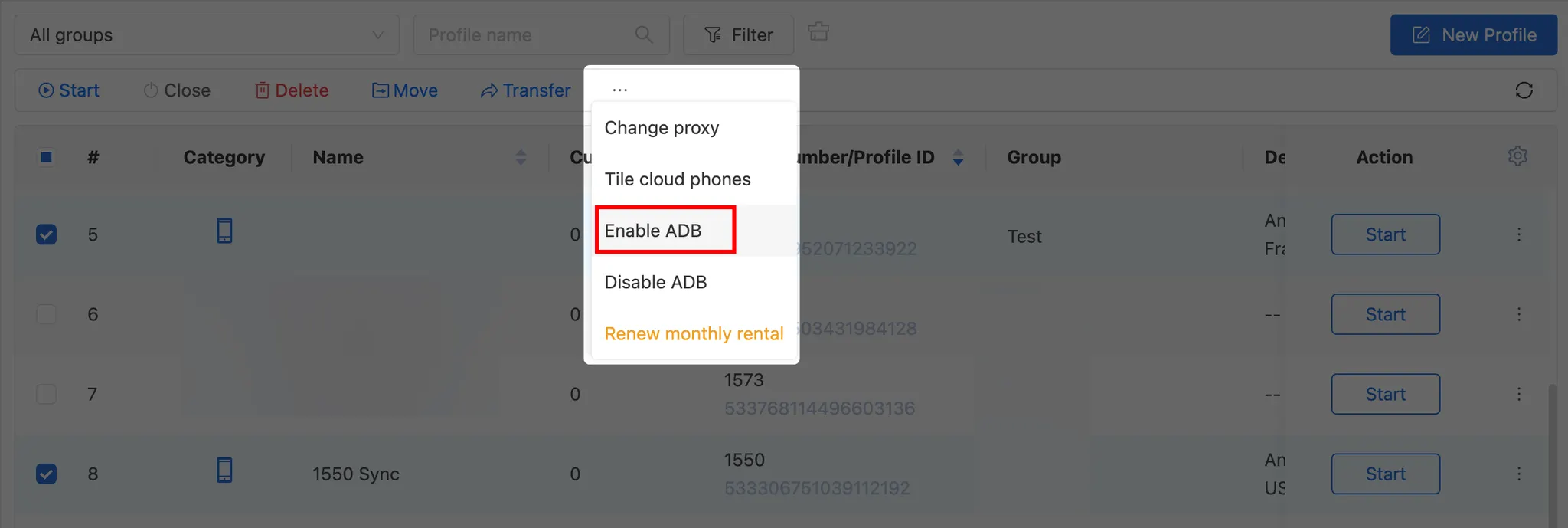 Включение ADB для нескольких профилей